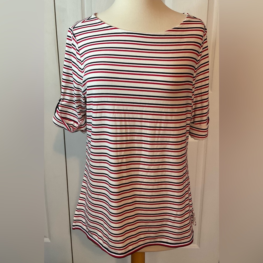 Tommy Hilfiger White Red Blue Striped Top Short Sleeve Blouse Medium New